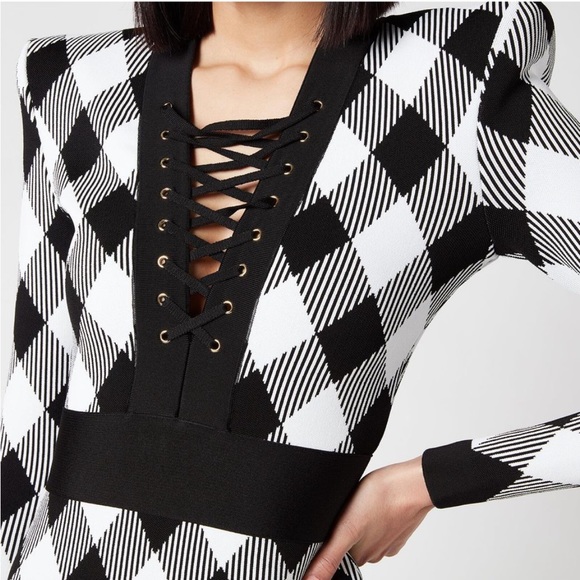 Balmain Gingham Jacquard Lace-Up Dress – Size 40 (Excellent Condition) - Picture 3 of 11